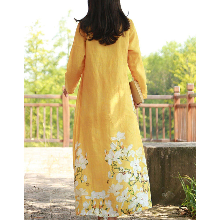 Art prints hem linen clothes For Women Sleeve yellow Dresses fall - Omychic
