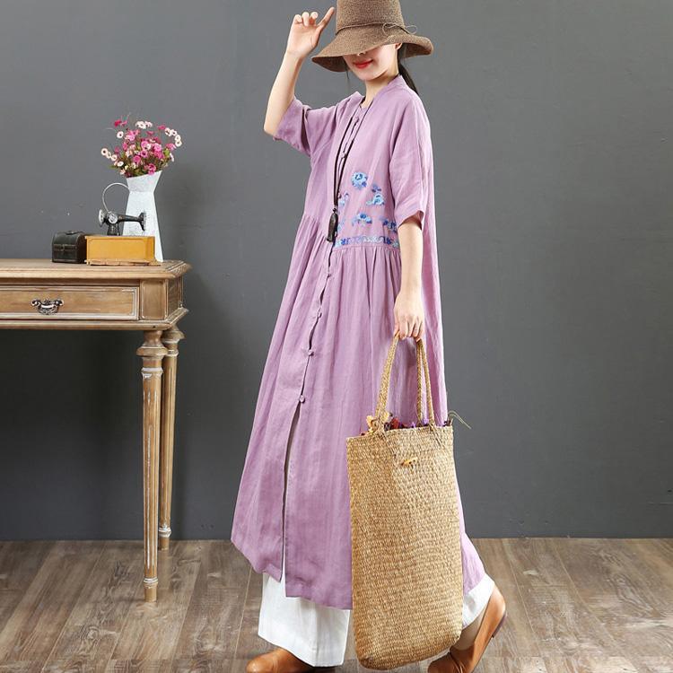 Art purple linen dress Korea Sleeve o neck embroidery Kaftan Summer Dresses - Omychic