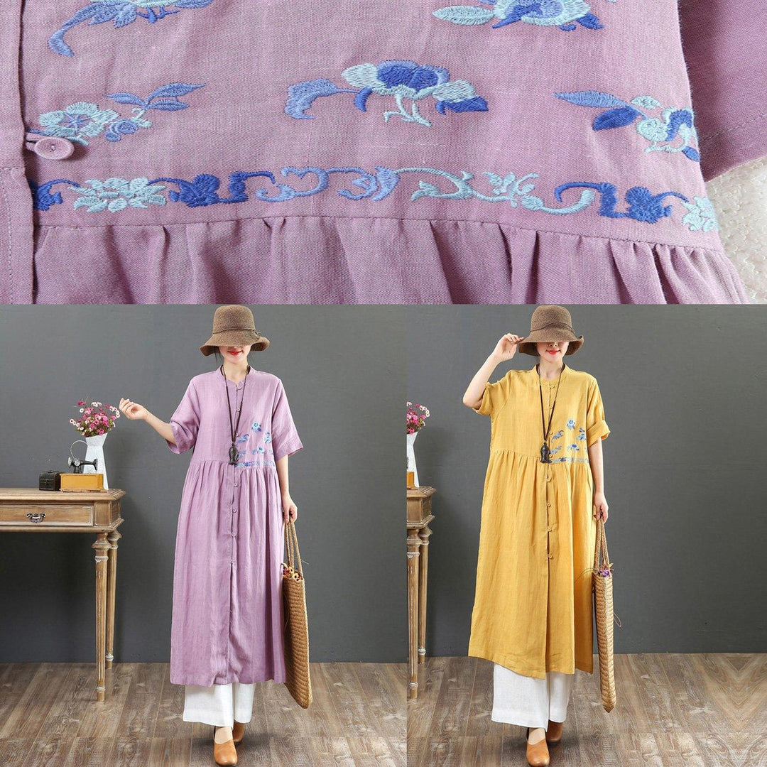 Art purple linen dress Korea Sleeve o neck embroidery Kaftan Summer Dresses - Omychic