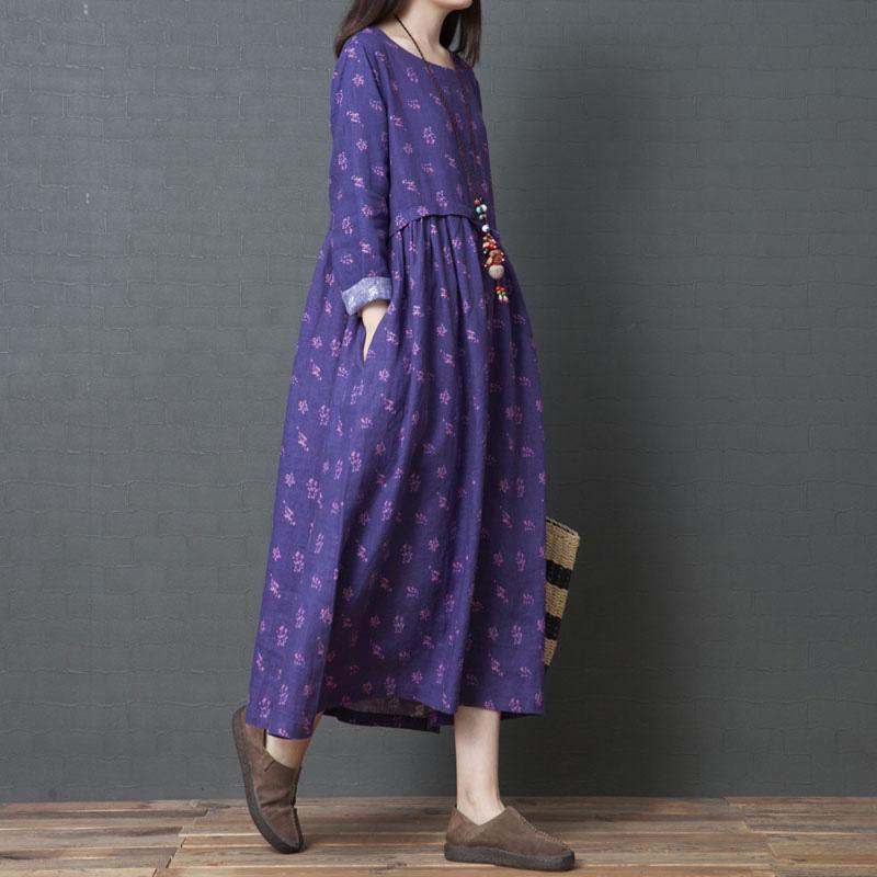 Art purple print linen Robes boutique Outfits o neck loose Dresses - Omychic