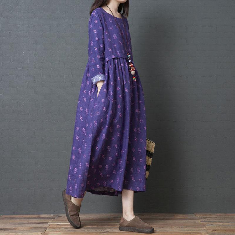 Art purple print linen Robes boutique Outfits o neck loose Dresses - Omychic