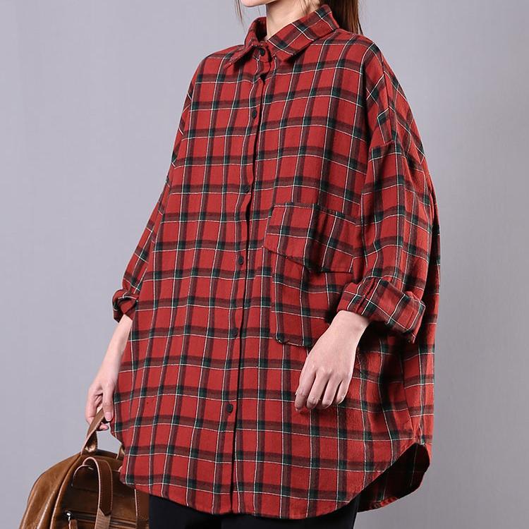 Art red plaid cotton clothes lapel pockets oversized shirts - Omychic