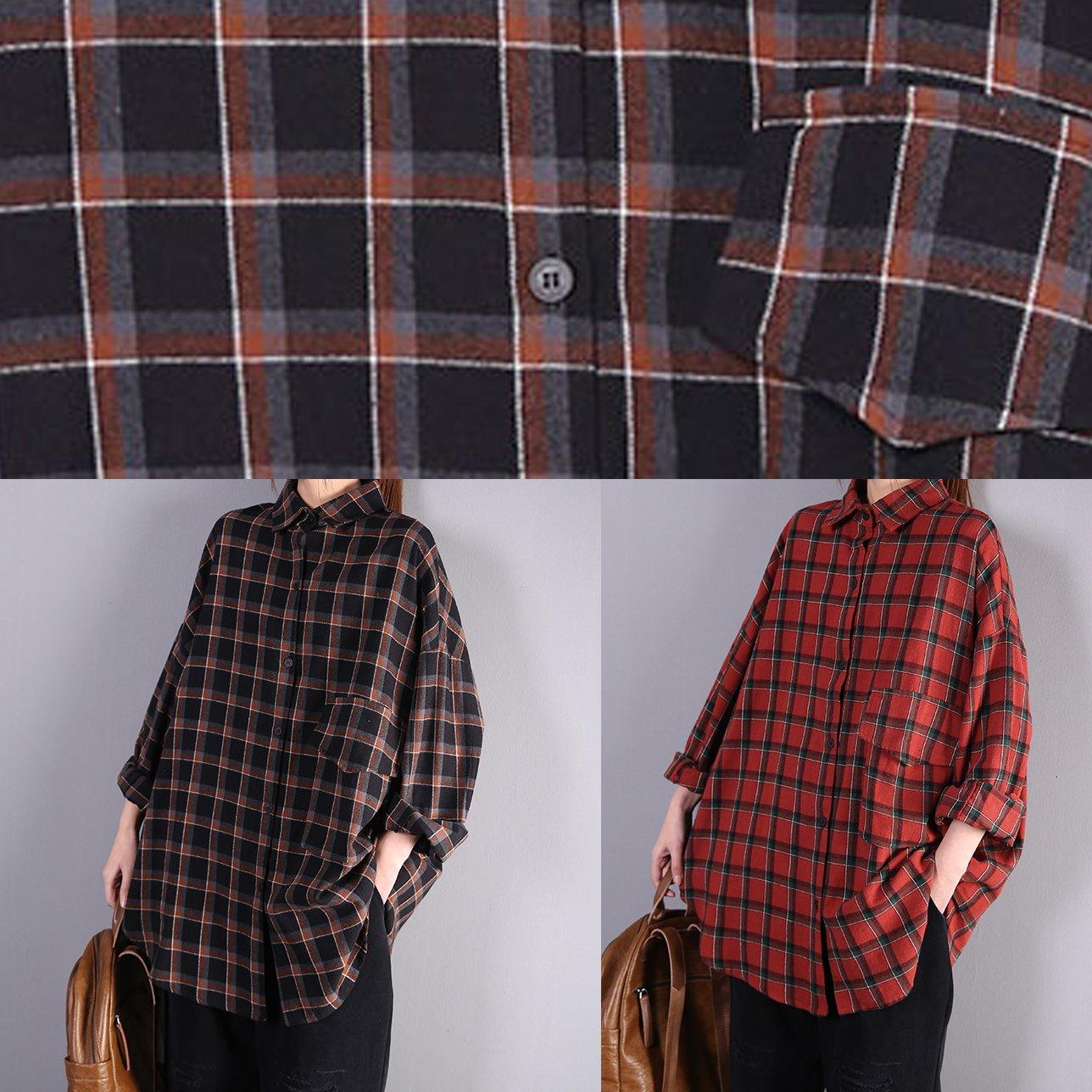 Art red plaid cotton clothes lapel pockets oversized shirts - Omychic