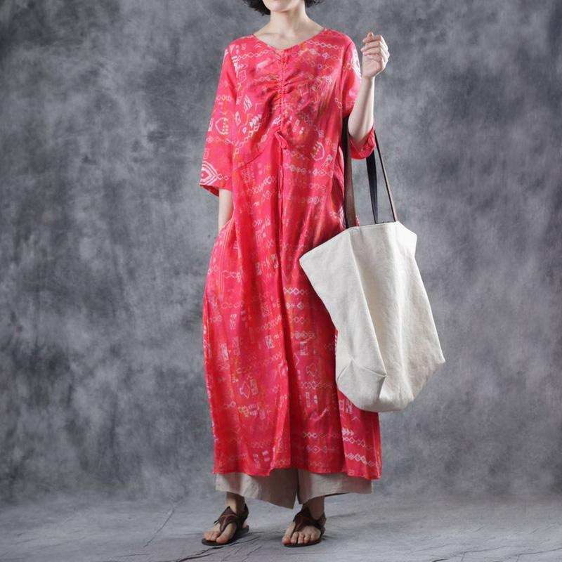 Art red print linen Robes o neck half sleeve Maxi summer Dress - Omychic