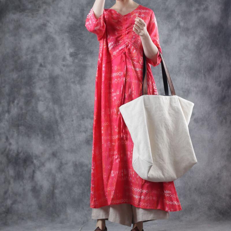 Art red print linen Robes o neck half sleeve Maxi summer Dress - Omychic