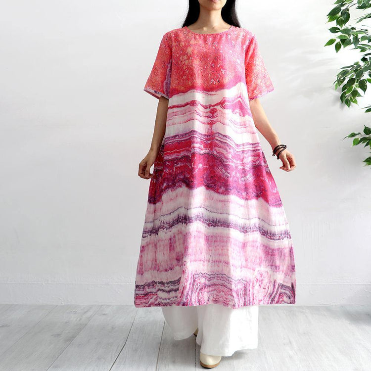 Art short sleeve linen clothes design asymmetric prints Dresses summer - Omychic