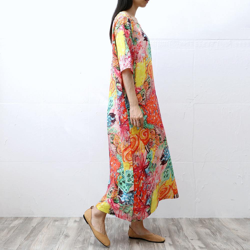 Art short sleeve linen dresses Runway floral Dress summer - Omychic