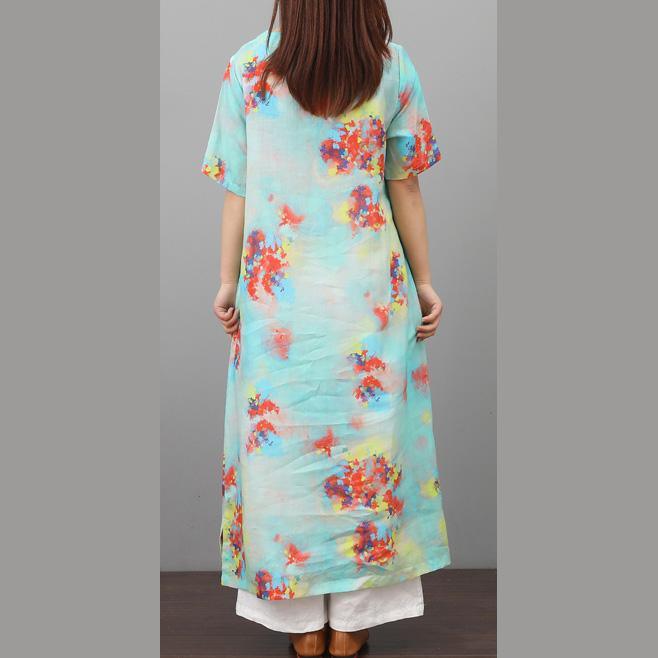 Art short sleeve loose waist linen clothes Photography blue prints Dress summer - Omychic