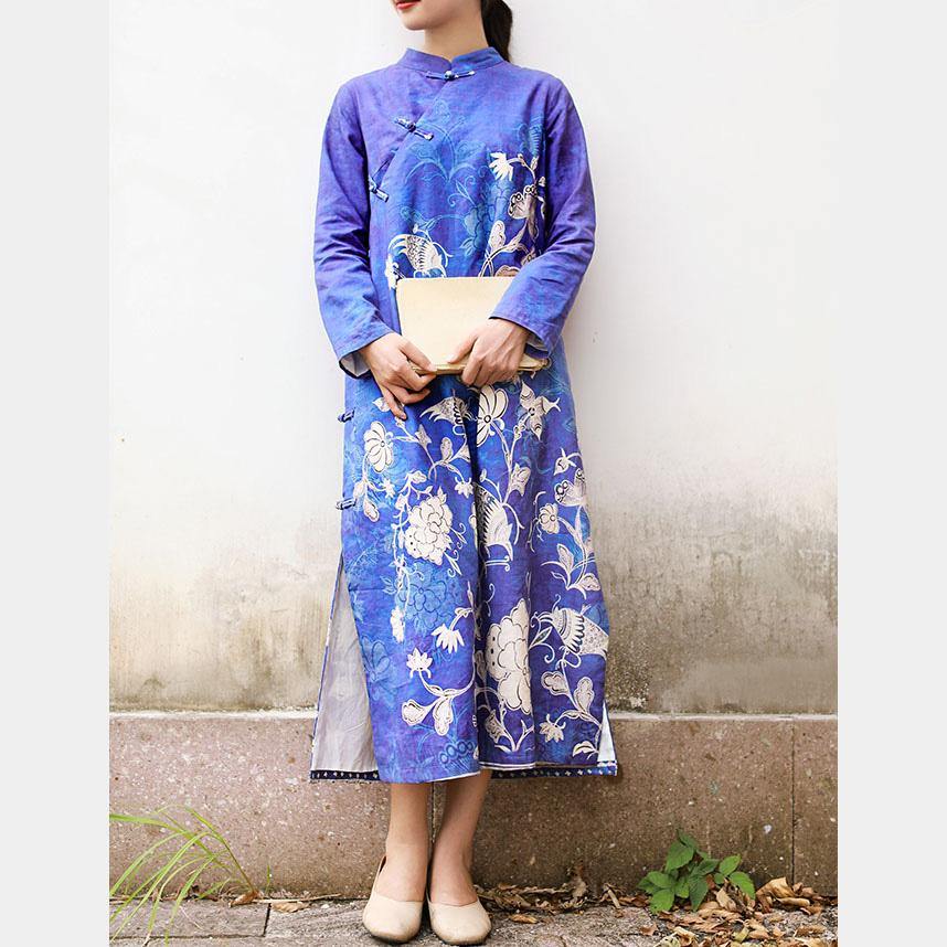 Art side open linen outfit Online Shopping blue print Dresses fall - Omychic