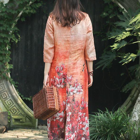 Art stand collar Chinese Button linen dress 2019 Work orange print Plus Size Dresses Summer - Omychic