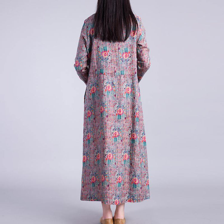 Art stand collar linen dress Sleeve floral Dresses autumn - Omychic