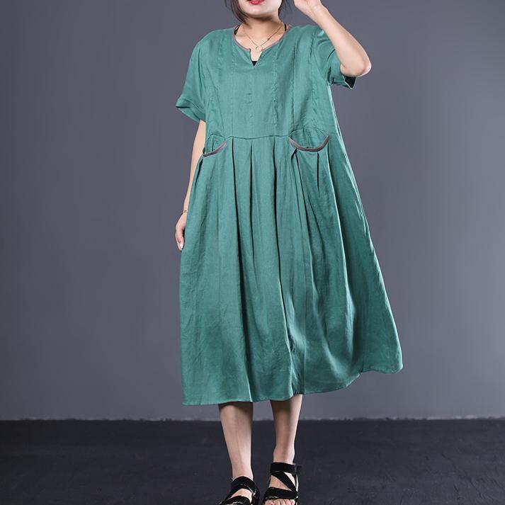 Art v neck linen Long Shirts Shape green Dress summer - Omychic