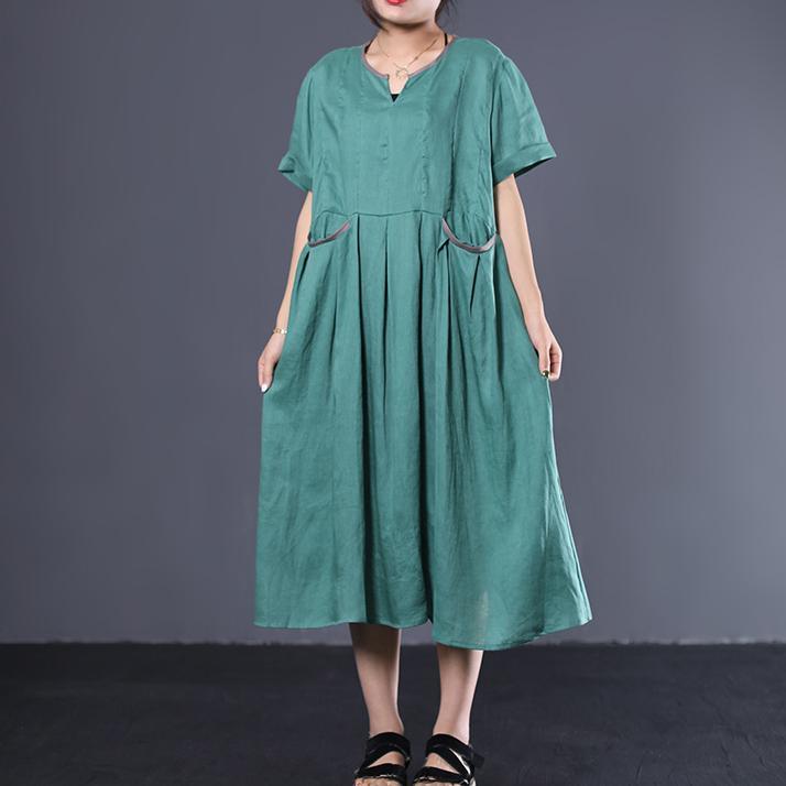 Art v neck linen Long Shirts Shape green Dress summer - Omychic