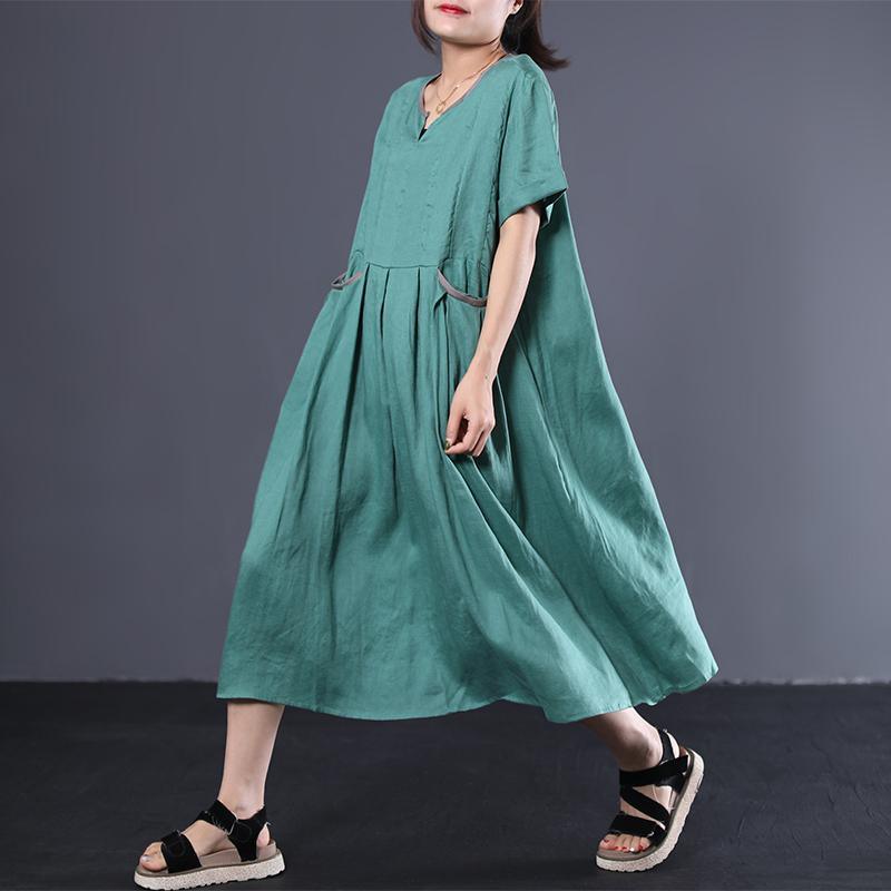 Art v neck linen Long Shirts Shape green Dress summer - Omychic