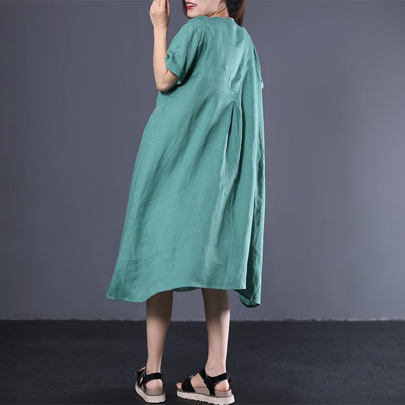 Art v neck linen Long Shirts Shape green Dress summer - Omychic