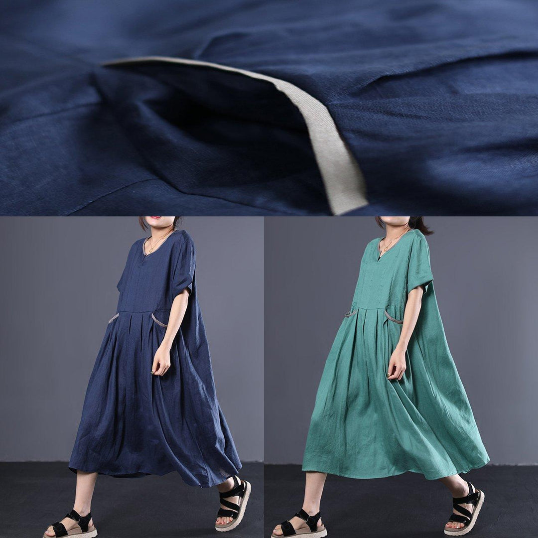 Art v neck linen Long Shirts Shape green Dress summer - Omychic