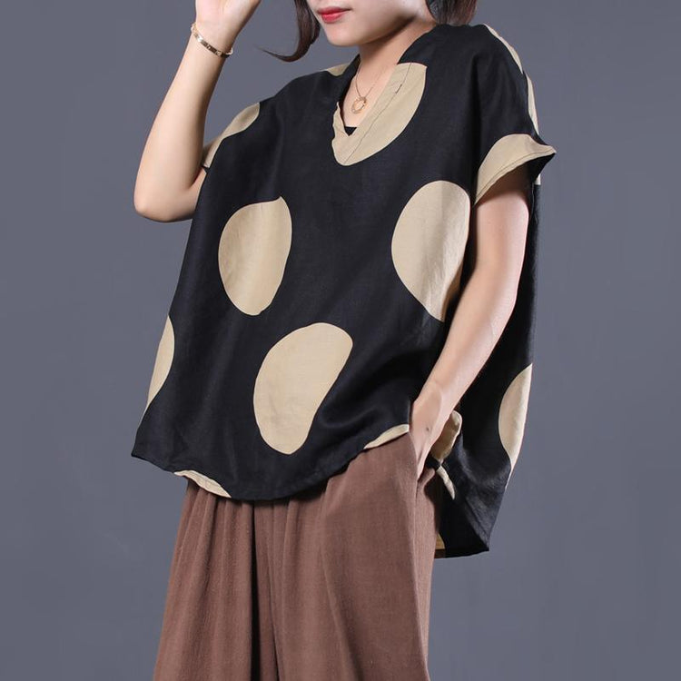 Art v neck linen clothes For Women Work black dotted shirts summer - Omychic