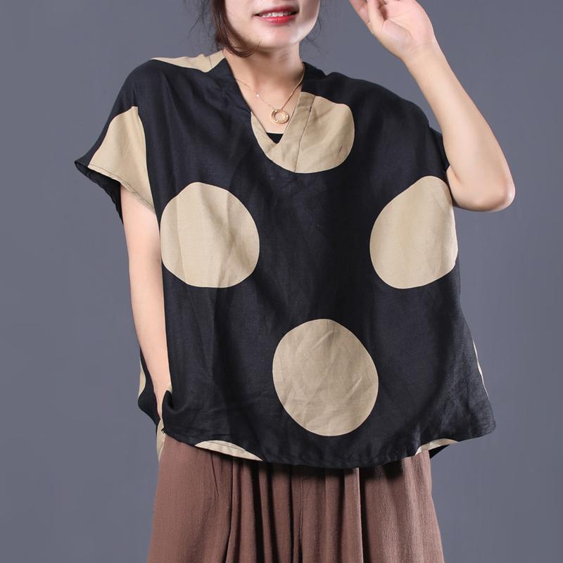 Art v neck linen clothes For Women Work black dotted shirts summer - Omychic