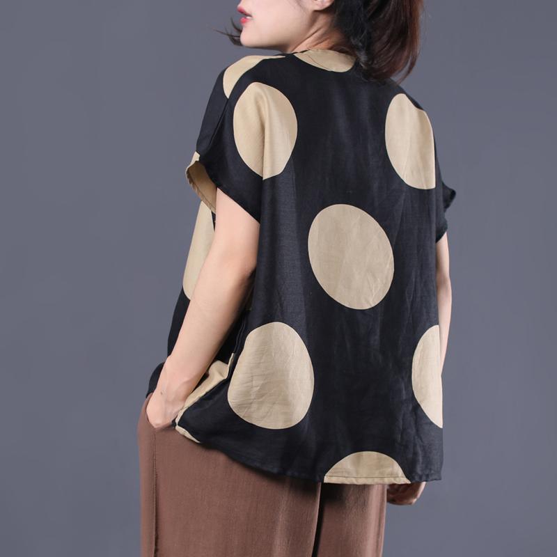 Art v neck linen clothes For Women Work black dotted shirts summer - Omychic