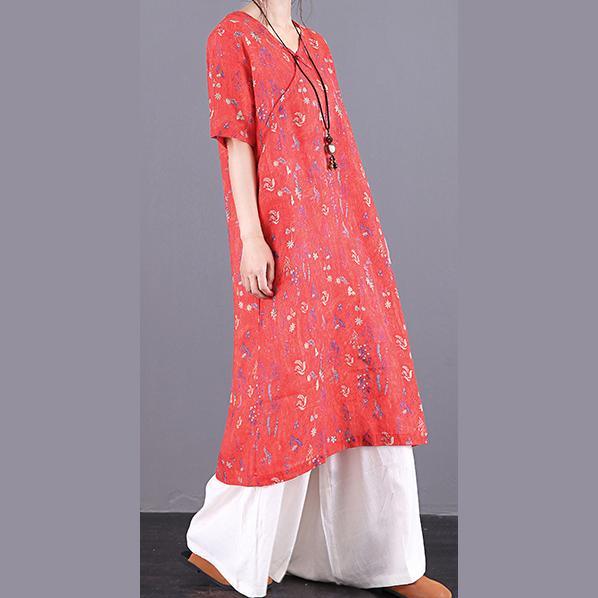 Art v neck pockets linen Long dress Fabrics orange print Dresses summer - Omychic