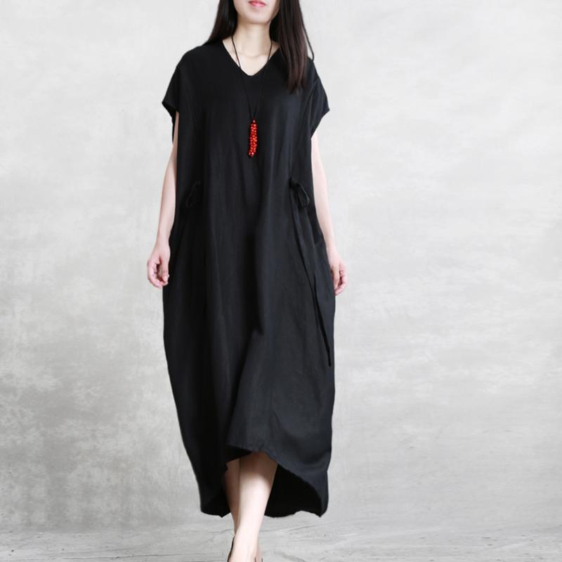 Art v neck pockets patchwork linen clothes black Dress summer - Omychic