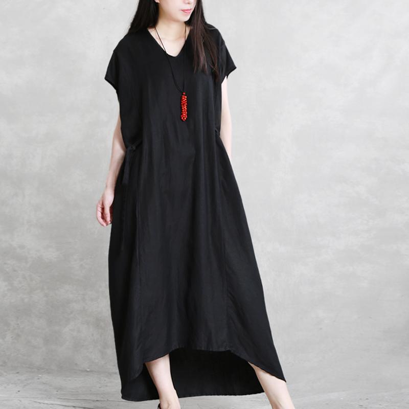 Art v neck pockets patchwork linen clothes black Dress summer - Omychic