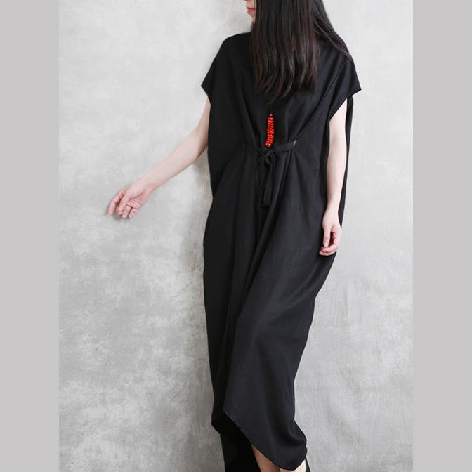 Art v neck pockets patchwork linen clothes black Dress summer - Omychic