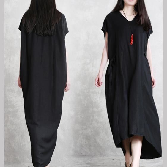 Art v neck pockets patchwork linen clothes black Dress summer - Omychic