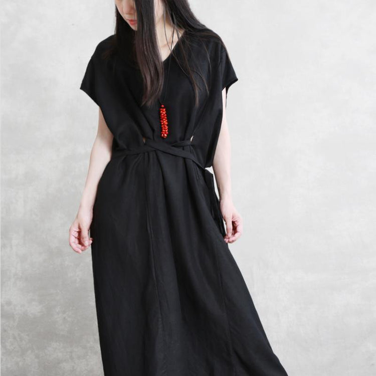 Art v neck pockets patchwork linen clothes black Dress summer - Omychic