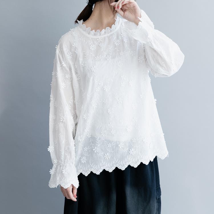 Art white cotton Long Shirts Boho Photography o neck embroidery silhouette spring blouse - Omychic