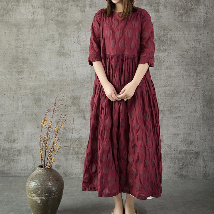 Art wrinkle linen clothes For Women pattern burgundy dotted Dress summer - Omychic