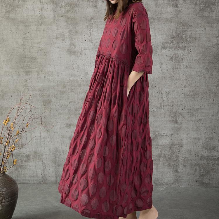 Art wrinkle linen clothes For Women pattern burgundy dotted Dress summer - Omychic