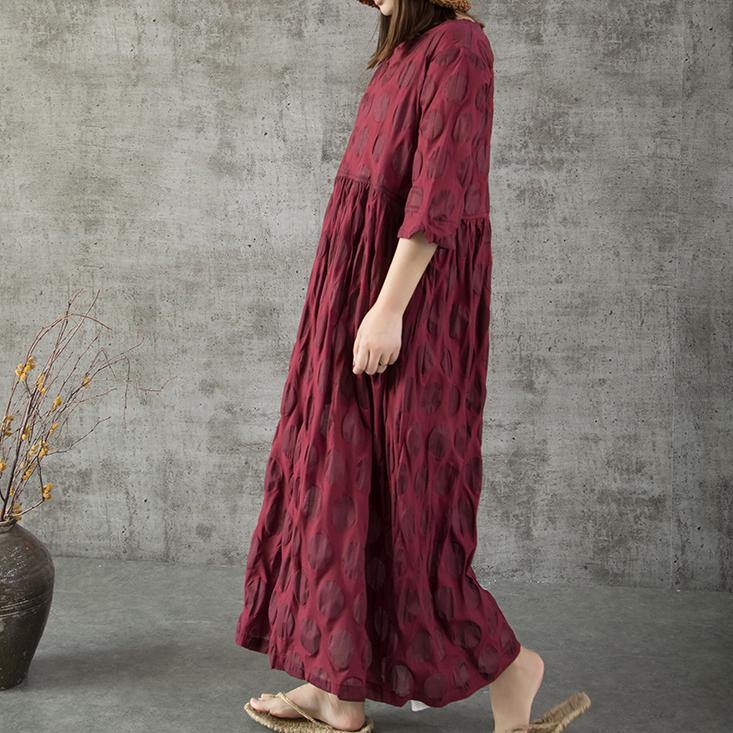 Art wrinkle linen clothes For Women pattern burgundy dotted Dress summer - Omychic