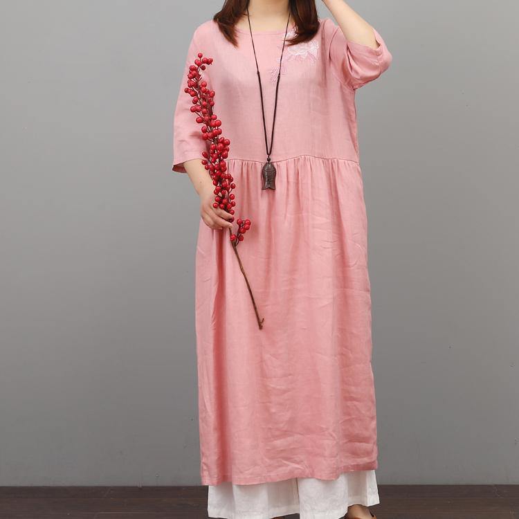 Art wrinkled embroidery linen dresses Tunic Tops pink Dress summer - Omychic