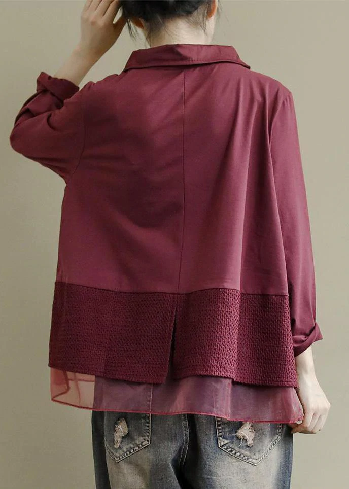 Art Burgundy Patchwork Baggy Shirt Clothes Lapel