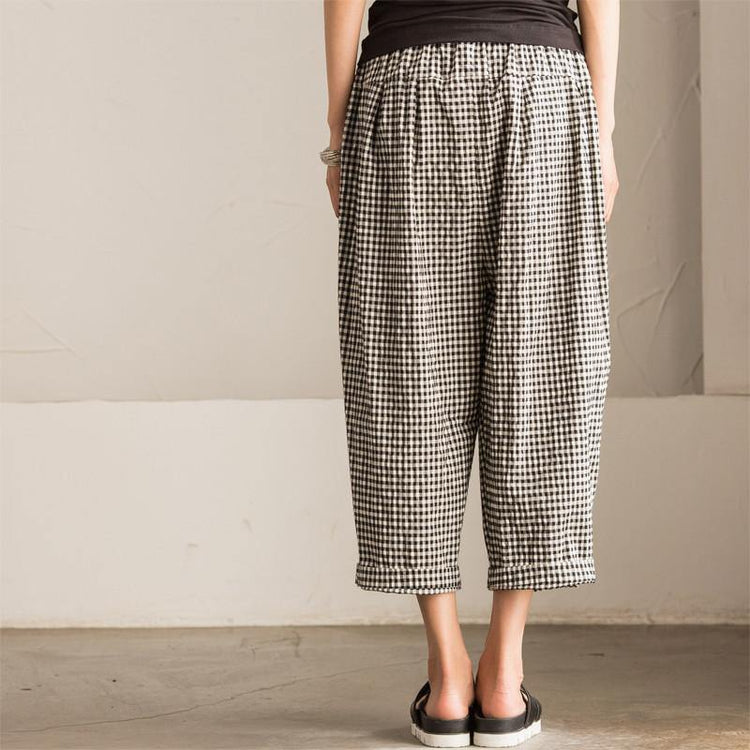 Art Causel Black White Grid Wide-legged Pants Linen Causel Women Clothes - Omychic