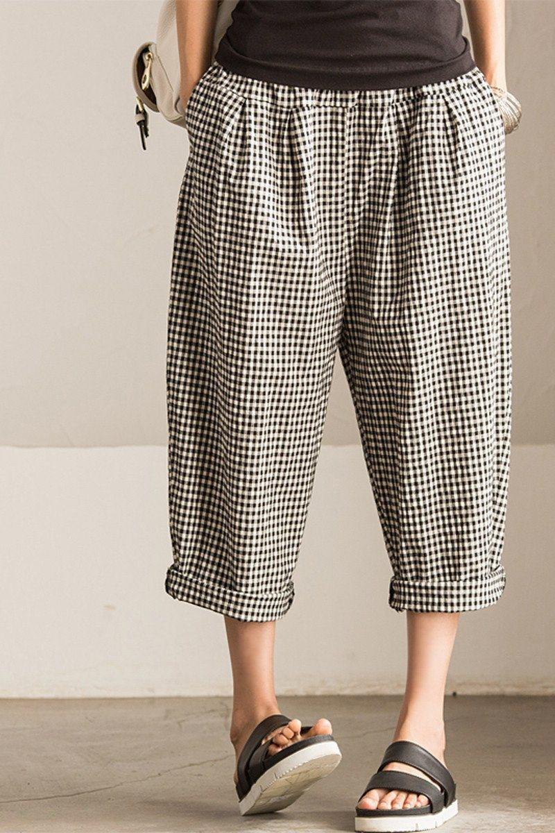 Art Causel Black White Grid Wide-legged Pants Linen Causel Women Clothes - Omychic