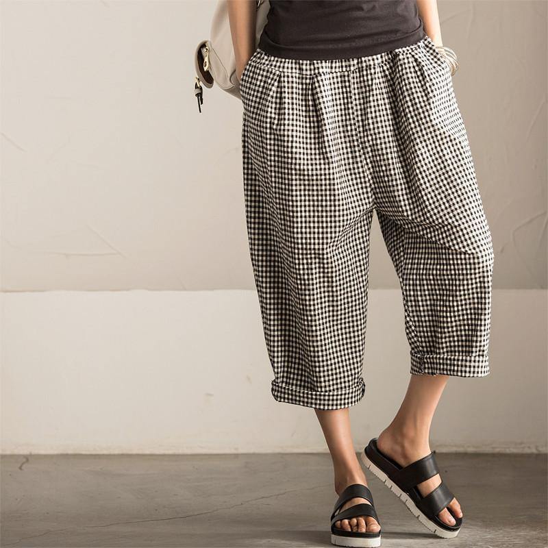 Art Causel Black White Grid Wide-legged Pants Linen Causel Women Clothes - Omychic