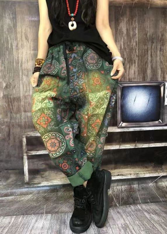 Autumn New Bohemian Green Print Denim Harlan Pants