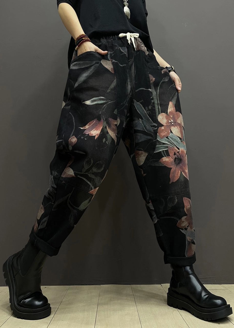 Autumn New Printed Denim Elastic Waist Harlan Pants