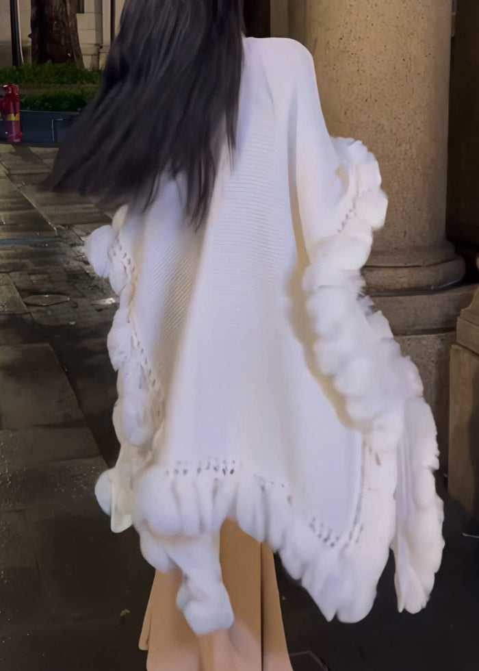 Autumn White Fur Spliced Knitted Shawl Coat
