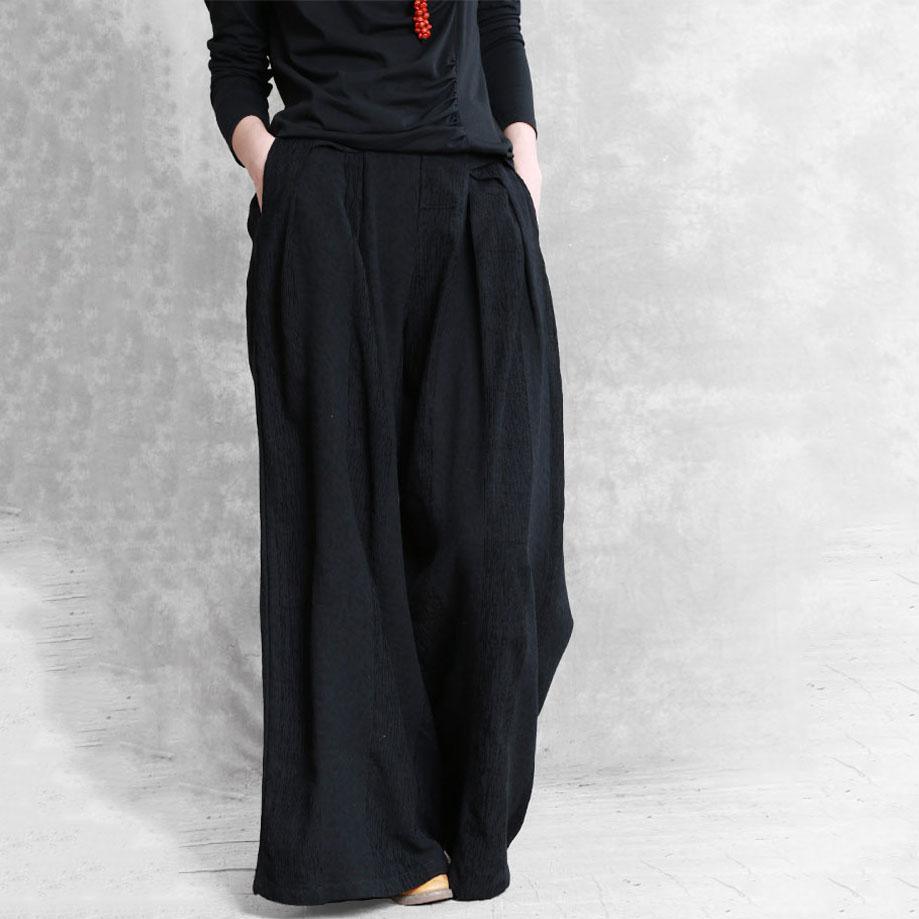 Autumn cotton and linen black jacquard loose pants good to wear big feet wide leg pants - Omychic