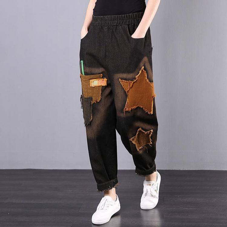 Autumn loose large size elastic waist literary retro stickers five-pointed star old jeans - Omychic