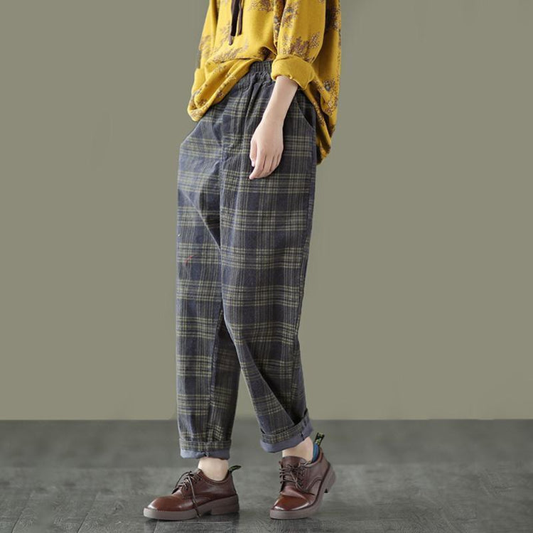 Spring Plaid Corduroy Pants Elastic Waist - Omychic