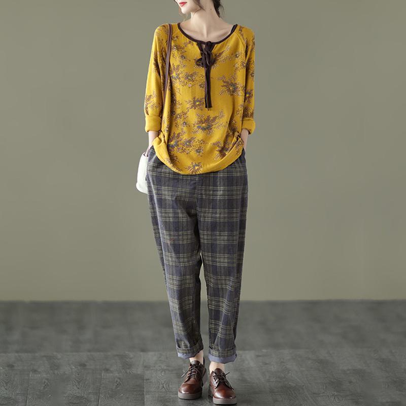 Spring Plaid Corduroy Pants Elastic Waist - Omychic