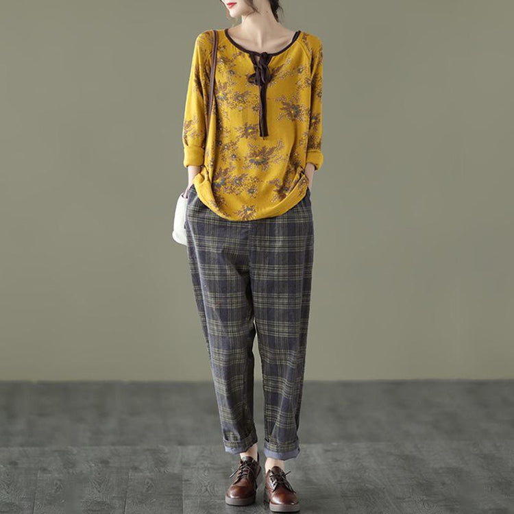 Spring Plaid Corduroy Pants Elastic Waist - Omychic