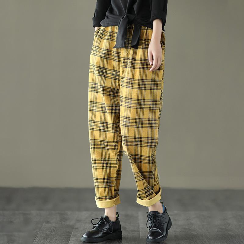 Spring Plaid Corduroy Pants Elastic Waist - Omychic