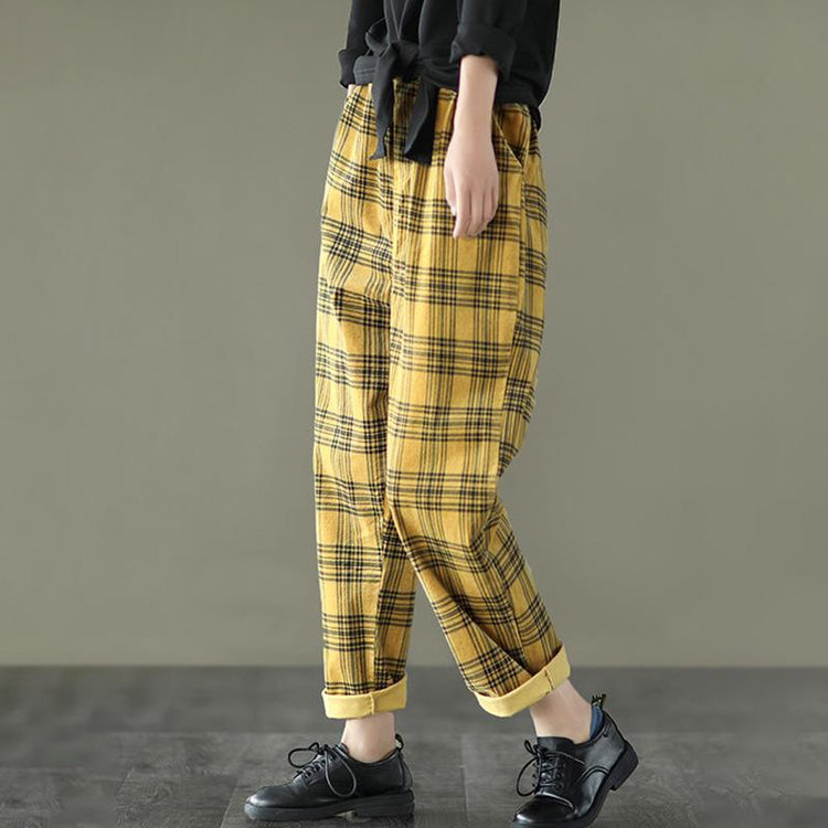 Spring Plaid Corduroy Pants Elastic Waist - Omychic