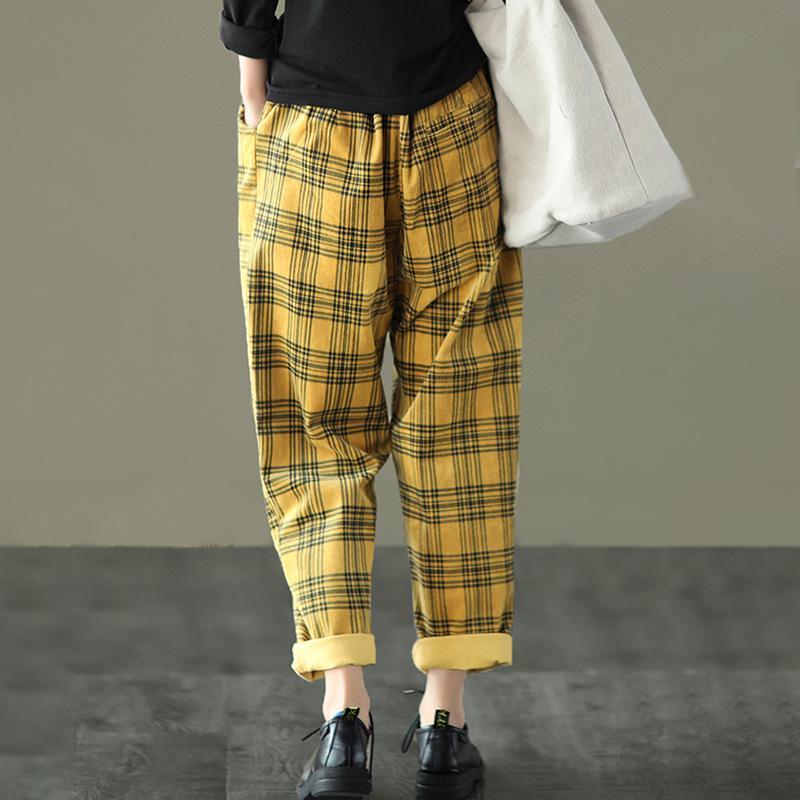 Spring Plaid Corduroy Pants Elastic Waist - Omychic