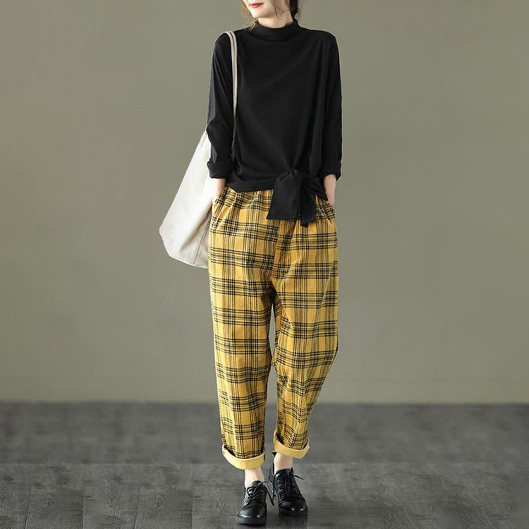 Spring Plaid Corduroy Pants Elastic Waist - Omychic